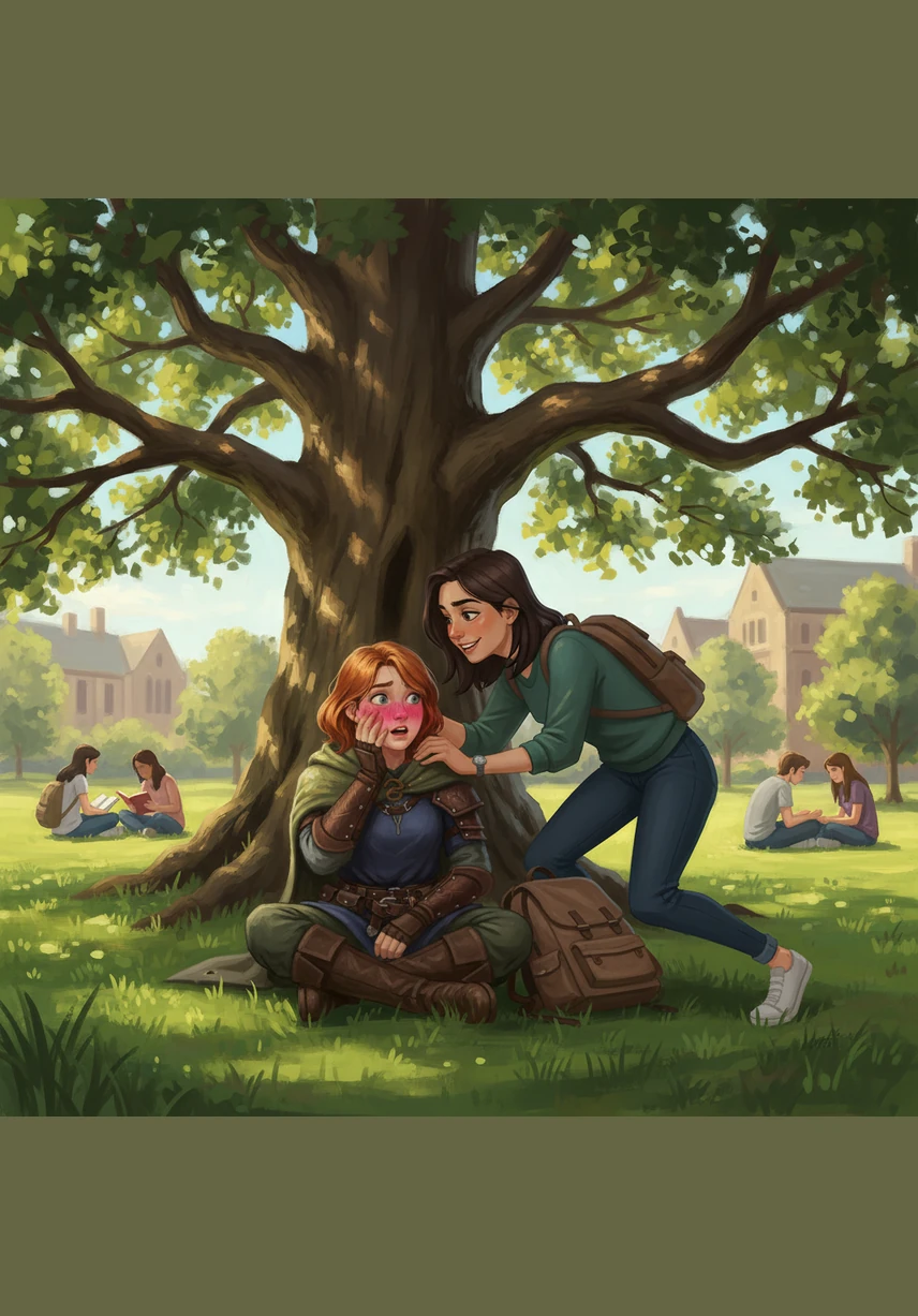 While sitting under a large oak tree on the campus lawn, Josie leans in and delivers a perfectly timed roast about Aubrey’s constant humming. The teasing is so sharp yet affectionate that Aubrey feels a deep heat rise to her cheeks, turning them a bright shade of pink.