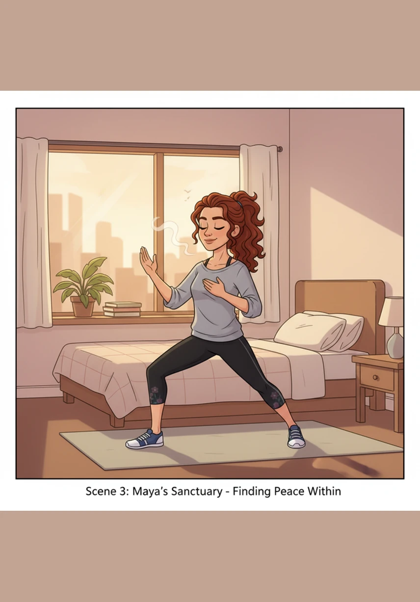 Even on days when she feels tired, Maya practices gentle stretching and mindful breathing by her bedroom window. These small, intentional movements keep her spirit lifted and help her body stay flexible as she navigates the physical challenges of her therapy.