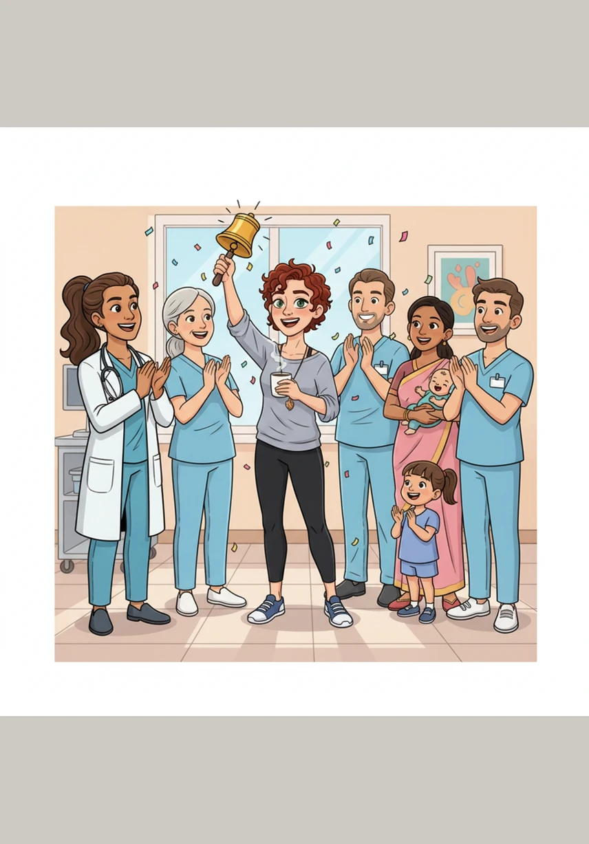 As the active treatment phase concludes, Maya rings a golden bell at the clinic, surrounded by cheering medical staff. It is a moment of profound relief and the beginning of a new chapter focused on rebuilding her life and celebrating her progress.
