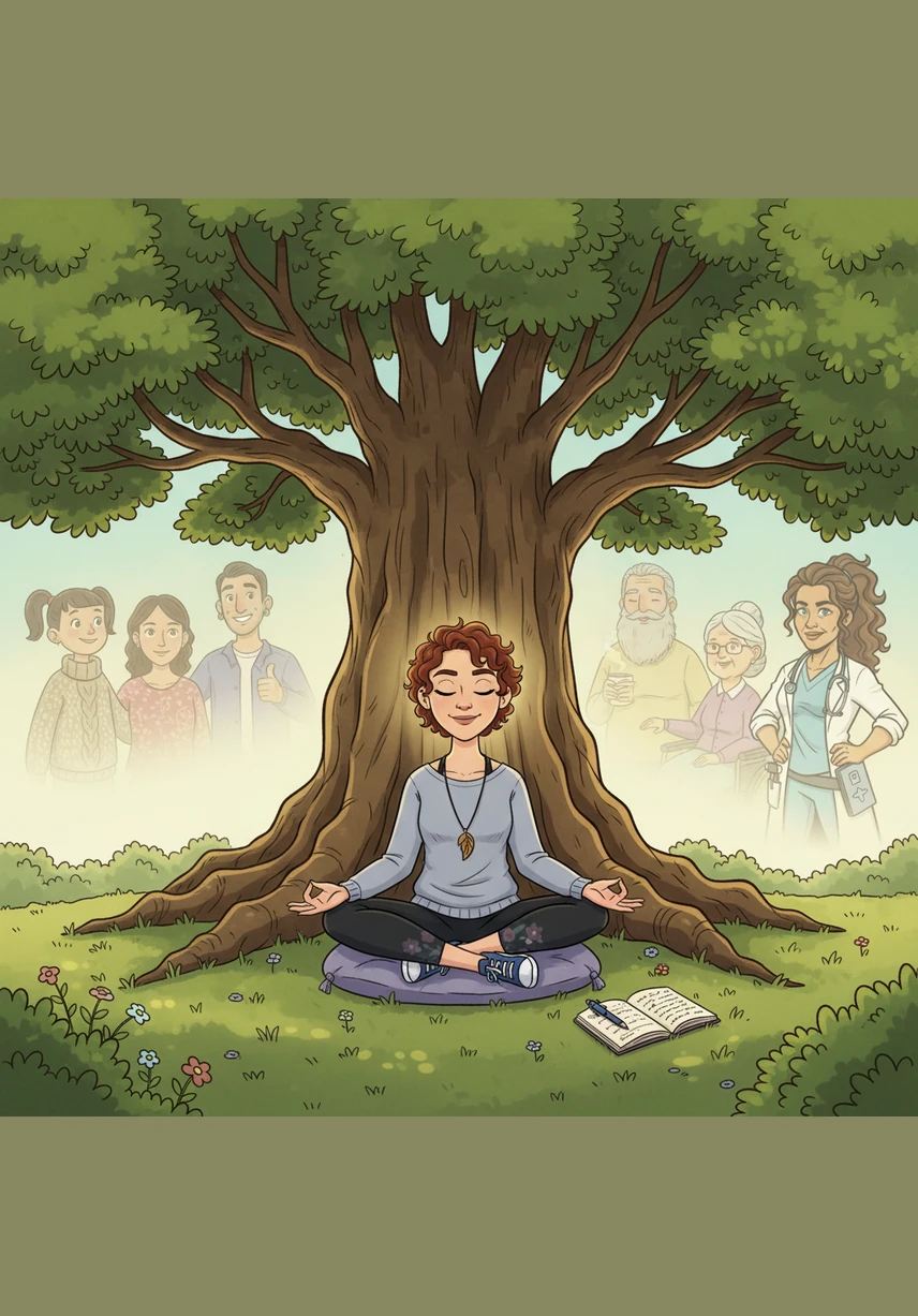 To heal her mind as well as her body, Maya spends time journaling her thoughts and practicing meditation under a large, ancient oak tree. She learns to process her fears and celebrate her resilience, finding a deep sense of inner peace and mental clarity.