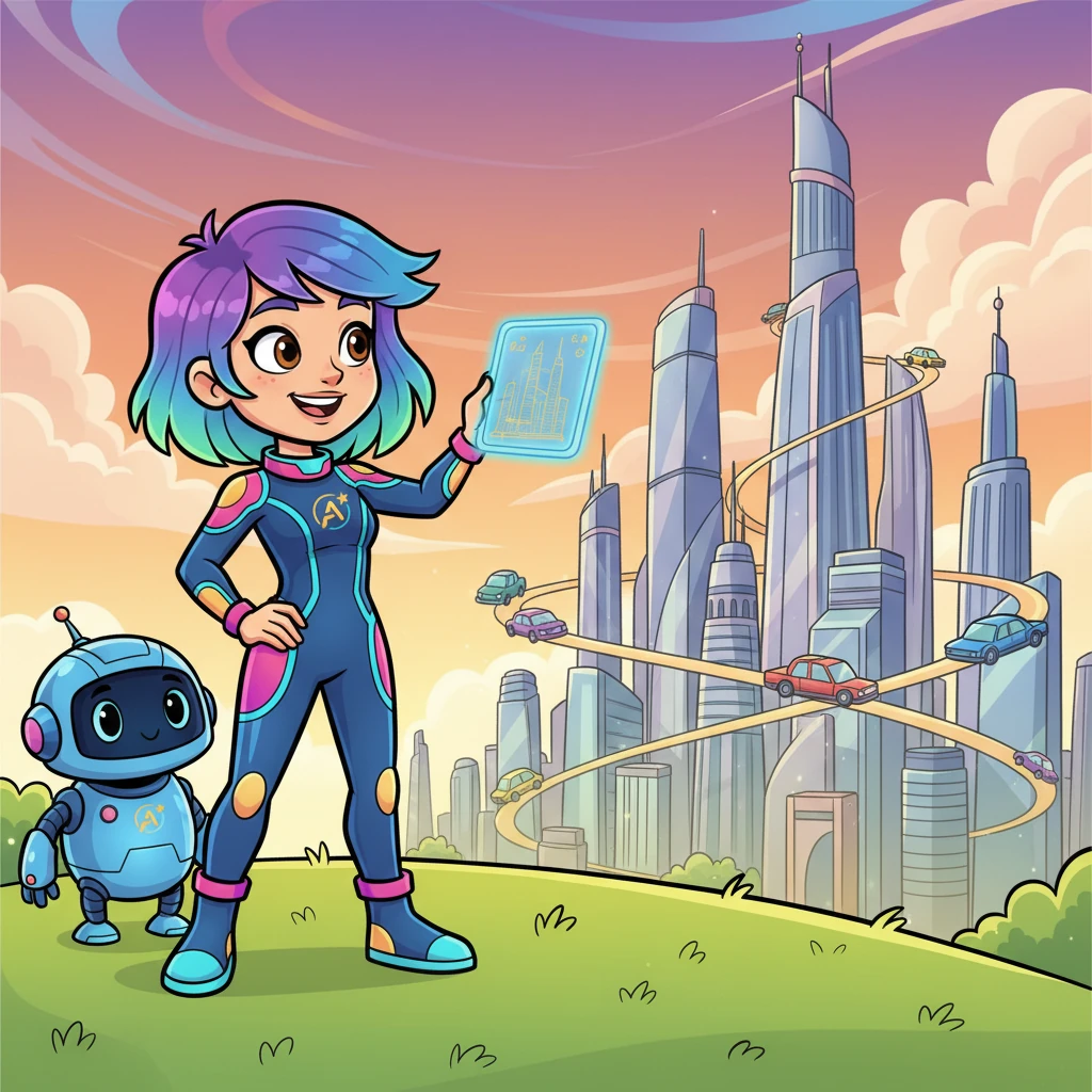Lexi, a bright-eyed girl with a sparkle of invention, stood on a hill overlooking a city of tomorrow. With a playful grin, she held up a tiny, glowing blueprint, imagining towering buildings and flying cars. "We don't chase the future," she declared to her little robot companion, "we design it!"