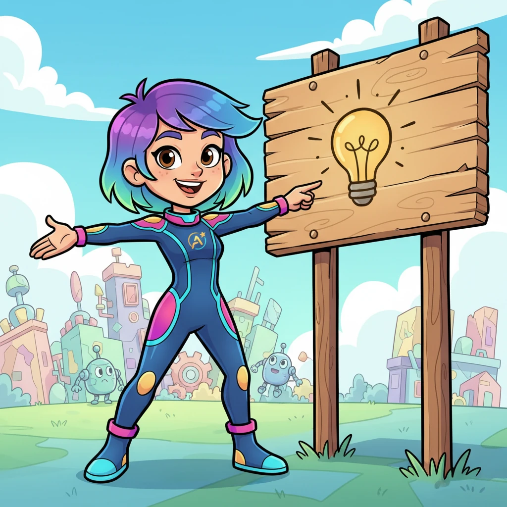 Lexi held out a friendly hand, inviting everyone to explore her wonderful creations. "Come see what we're building!" she beamed, pointing to a sign that read 'Ideas Welcome!'. Her adventures were just beginning, and she loved sharing them.