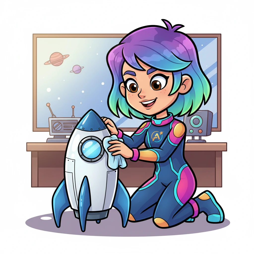 Lexi loved making her inventions look as cool as they worked. She polished her little rocket ship until it gleamed with sleek, smooth lines. Its design was both modern and elegant, hinting at the amazing journeys it could take.