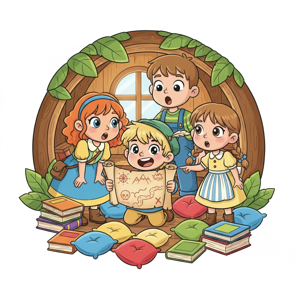 In einem gemütlichen Baumhaus, umgeben von bunten Kissen und Büchern, saßen Lotte, Max, Fips und Klara. Plötzlich stieß der kleine, flinke Fips einen aufgeregten Schrei aus, als er eine alte, verstaubte Schatzkarte unter einem Stapel Comics entdeckte. Die Karte zeigte geheimnisvolle Symbole und einen weit entfernten Ort.