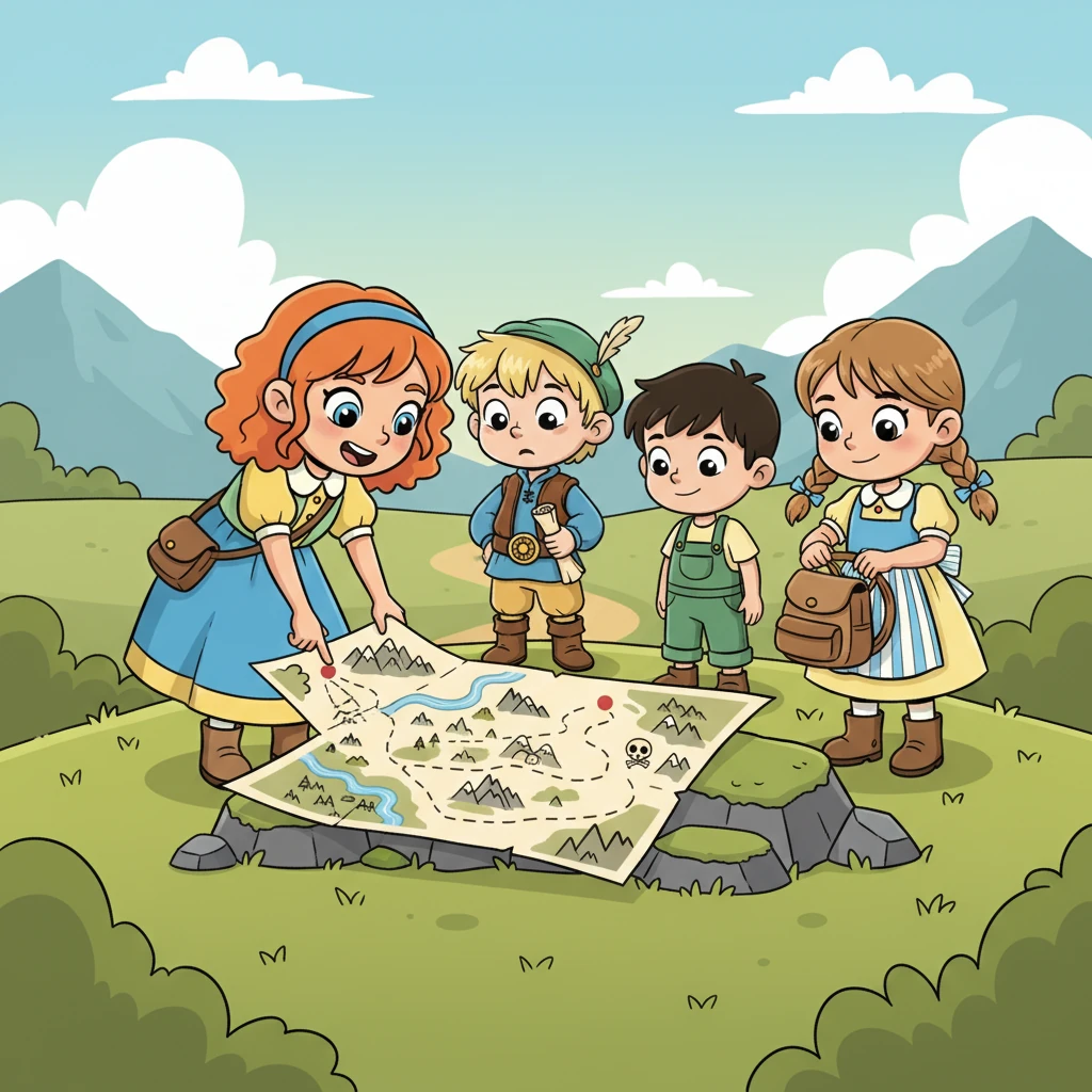 Die vier Freunde versammelten sich um die ausgebreitete Karte, ihre Augen leuchteten vor Neugier. Lotte, die Anführerin, zeigte auf einen verworrenen Pfad, während Max mit großen Augen die Gefahren auf der Karte betrachtete. Klara packte bereits einen kleinen Rucksack, bereit für das unbekannte Abenteuer, das vor ihnen lag.