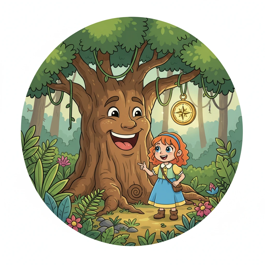 Tief im Dschungel entdeckten die Freunde einen Baum mit einem freundlichen, lachenden Gesicht. An einem seiner Äste hing ein glänzender, alter Kompass, der genau auf den nächsten Punkt der Karte zeigte. Klara deutete auf ein verstecktes Zeichen am Fuß des Baumes, das ein wichtiges Rätsel enthüllte.