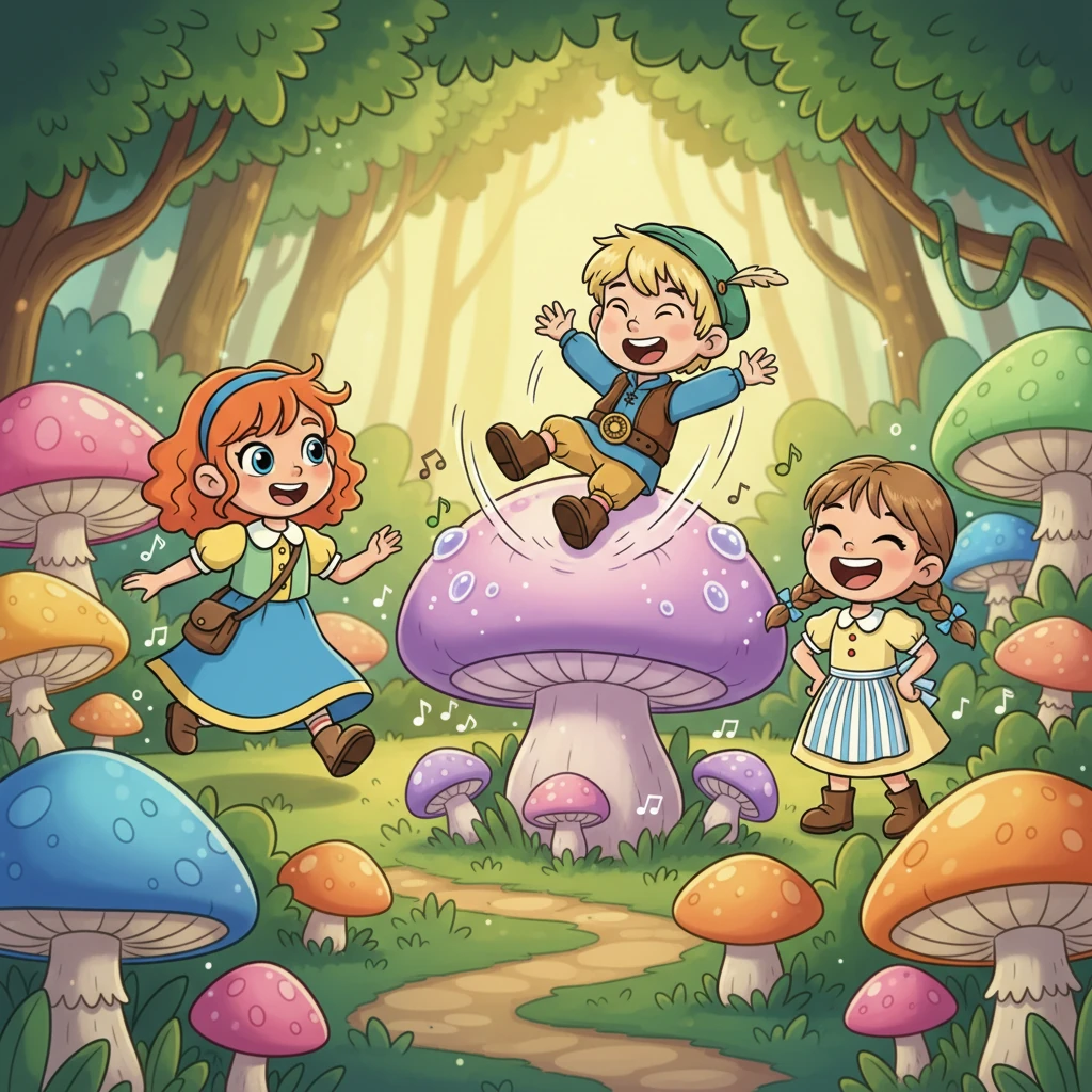 Sie erreichten einen Wald voller überdimensionaler, blubbernder Pilze, die bei jeder Berührung leise kicherten. Max stolperte und fiel in einen weichen Pilz, der ihn mit einem fröhlichen Glucksen wieder herauskatapultierte. Die Freunde lachten und folgten Lotte weiter durch das pilzige Labyrinth.