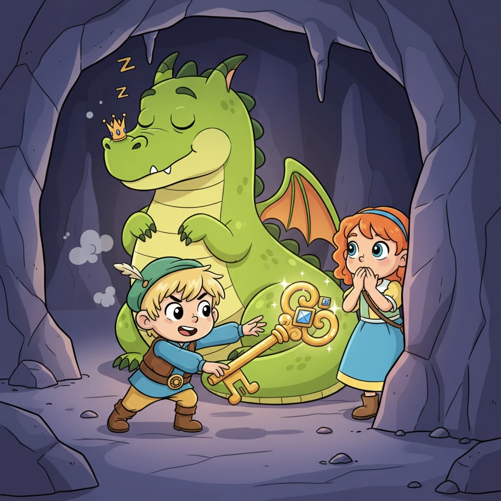 Der Weg führte sie zu einer geheimnisvollen Höhle, in der ein riesiger, aber sehr schläfriger Drache friedlich schnarchte. Er trug ein winziges Krönchen auf seiner Nase und bewachte einen glitzernden Schlüssel, der an seinem Schwanz baumelte. Fips versuchte, den Schlüssel vorsichtig zu erreichen, ohne den sanften Riesen zu wecken.