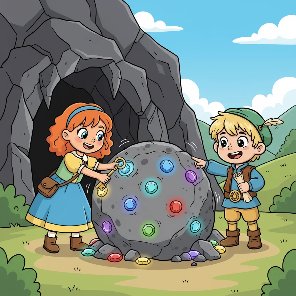 Mit dem Schlüssel in der Hand entdeckten sie außerhalb der Höhle einen riesigen Stein mit bunten Vertiefungen. Klara erkannte, dass es ein Rätsel war und begann, die passenden, leuchtenden Steine einzusetzen, die sie zuvor gesammelt hatten. Mit jedem richtig platzierten Stein summte der Fels leise.