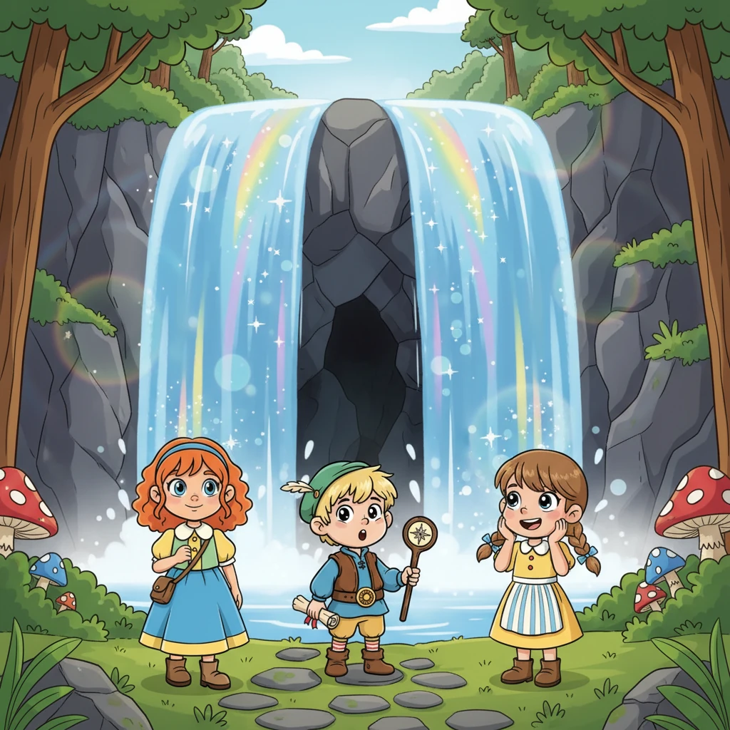 Als das Rätsel gelöst war, teilte sich ein prächtiger Wasserfall, der in allen Farben des Regenbogens schimmerte. Dahinter kam ein geheimer Eingang zu einer Höhle zum Vorschein. Die Freunde staunten mit weit aufgerissenen Augen über die magische Enthüllung.