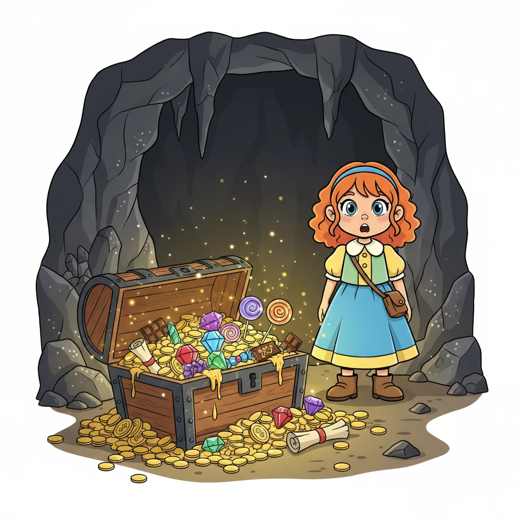 Im Inneren der Höhle erwartete sie ein Anblick, der ihnen den Atem raubte. Ein riesiger Schatzkiste quoll über vor glänzenden Goldmünzen, funkelnden Edelsteinen, uralten Schriftrollen und sogar leckeren Süßigkeiten. Die Luft knisterte vor Aufregung und Staunen.