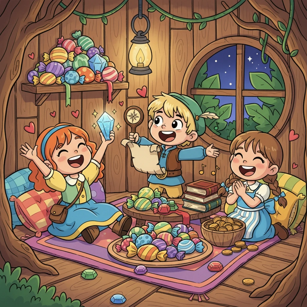 Zurück in ihrem Baumhaus, umgeben von ihren neuen, wunderbaren Schätzen, feierten die Freunde ihr Abenteuer. Sie teilten die Süßigkeiten, spielten mit den glänzenden Fundstücken und erzählten sich lachend die besten Momente ihrer Reise. Der größte Schatz war jedoch die Freude, die sie miteinander teilten.