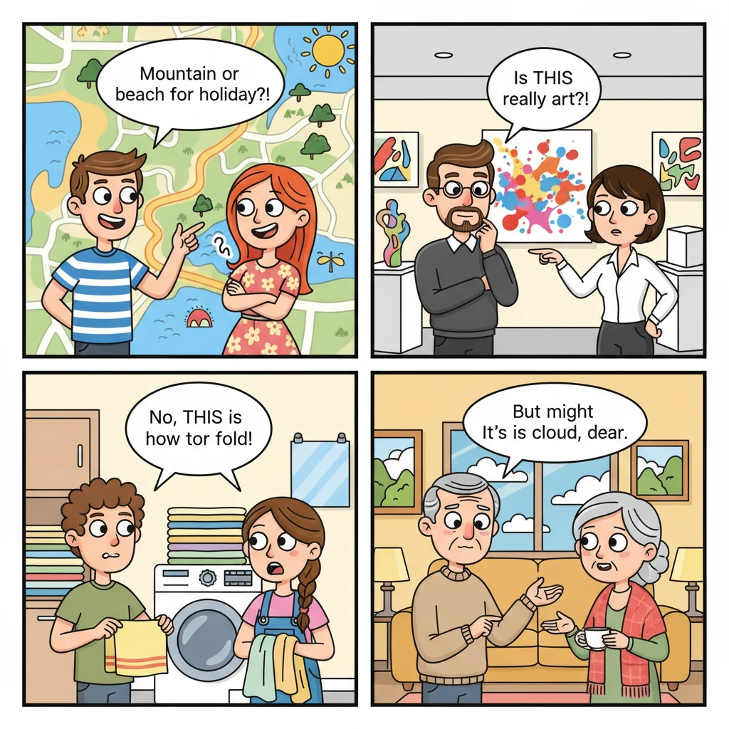 The arguments continued, each couple finding their own corner for a lively debate. Alexander and Laura playfully disputed the best route for their next holiday, while Matthieu and Laura debated the merits of modern art. Nicolas and Jeanne passionately disagreed on the proper way to fold laundry, and even Jacques and Martine had their own spirited discussion about the weather.