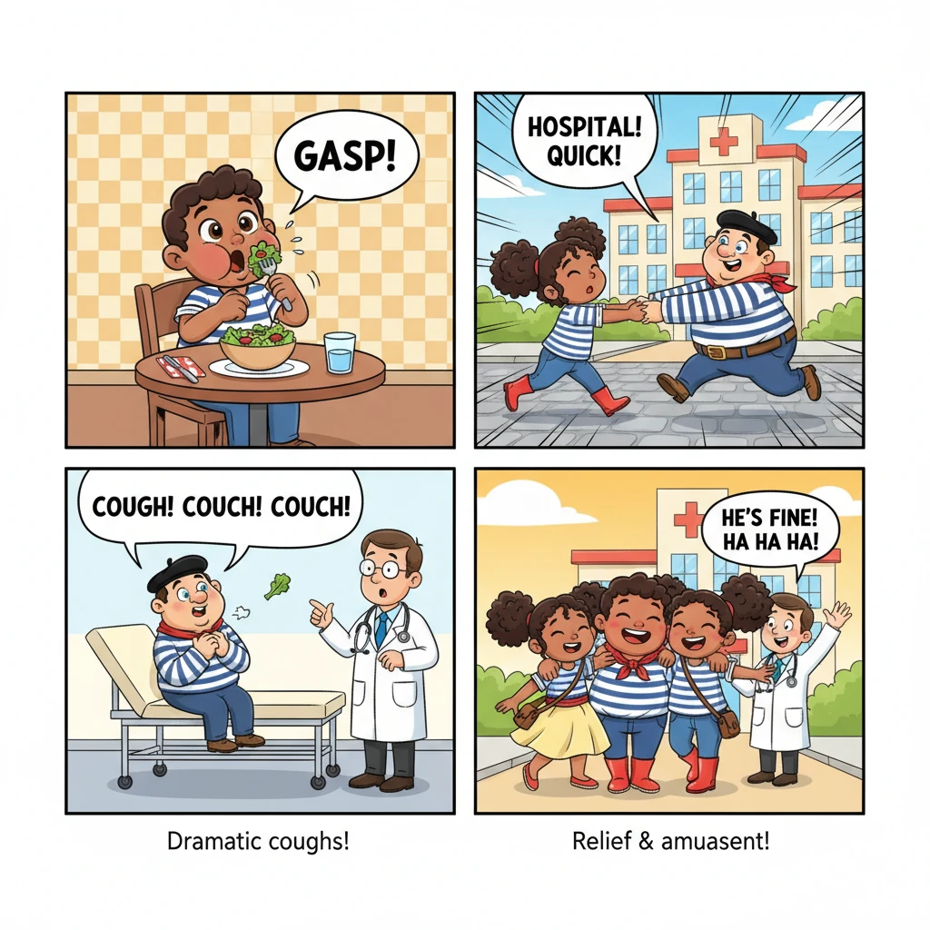 Suddenly, a gasp! Jacques, enjoying a crisp salad, comically choked on a tiny piece of lettuce, leading to a frantic dash to the local hospital. Thankfully, after a few dramatic coughs and a very surprised doctor, Jacques was declared perfectly fine, much to the family's relief and amusement.