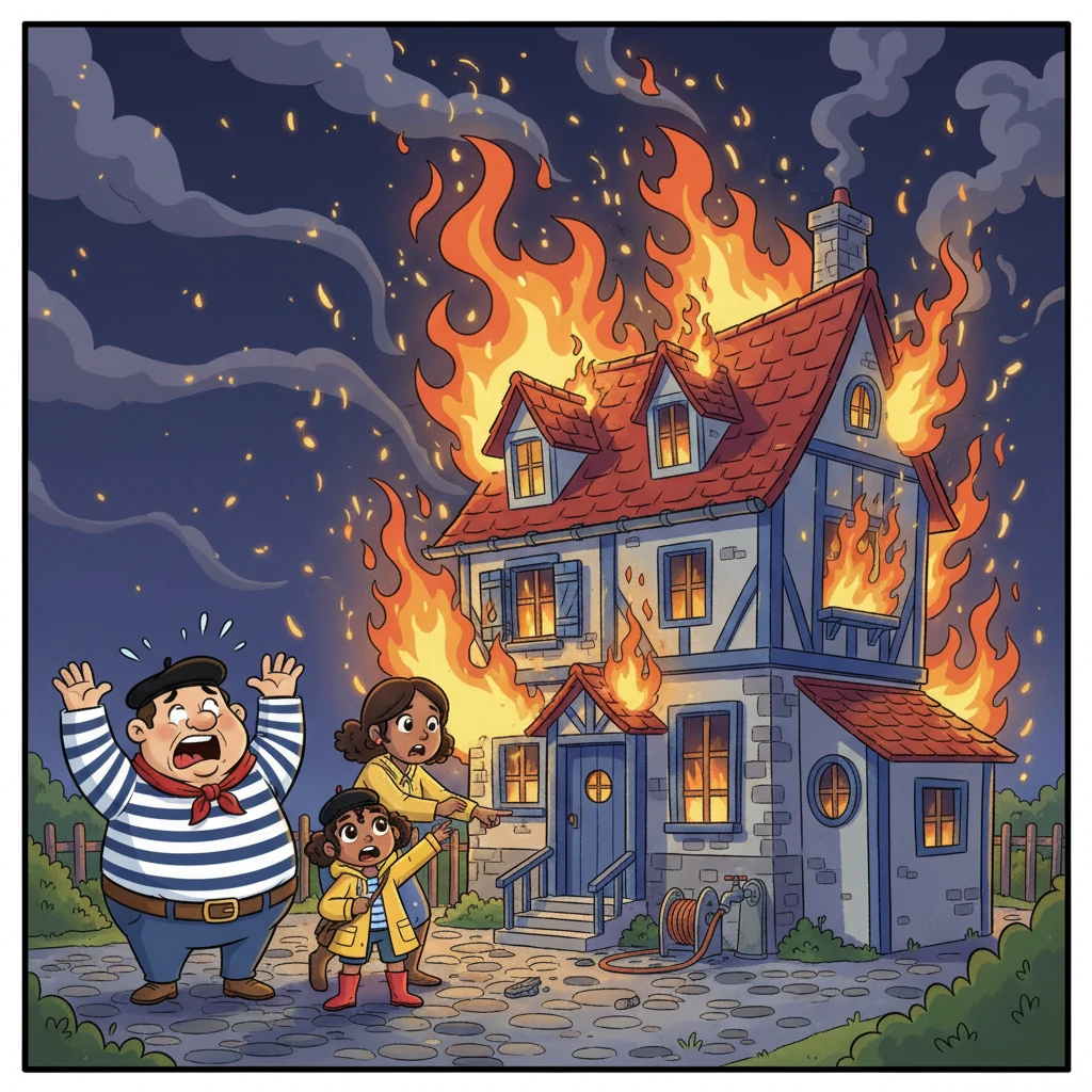 One blustery evening, a truly unfortunate accident occurred: their beloved, quirky Breton family home, full of memories and arguments, caught fire. Flames danced wildly against the night sky, turning their familiar house into a dramatic, albeit cartoonish, spectacle of smoke and sparks.