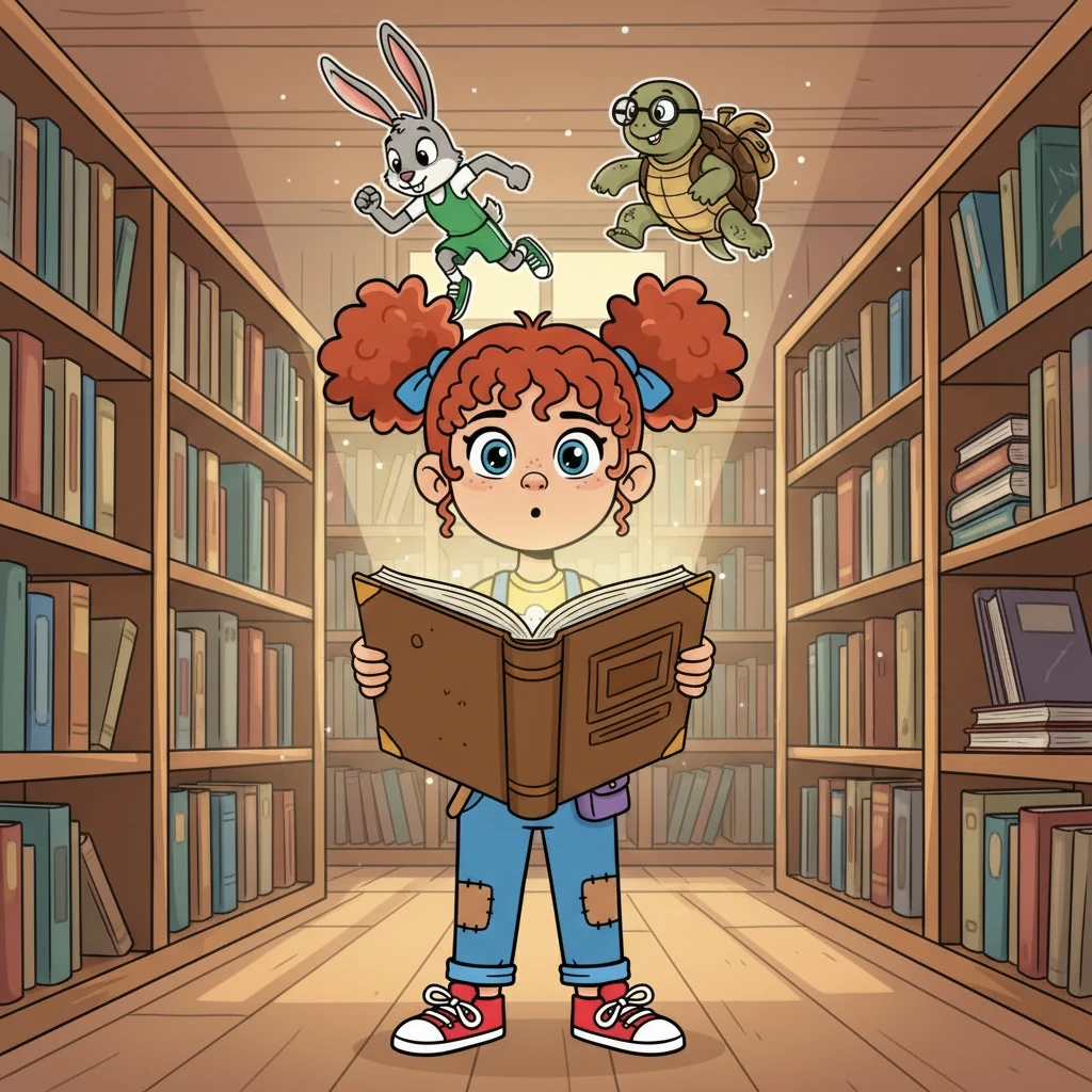 Browsing the shelves, Lily's eyes landed on a worn book of fables. She carefully picked it up, and as she opened it, the pages seemed to glow. Suddenly, the Hare and the Tortoise, characters from the story, stepped out of the book, their voices clear and distinct.