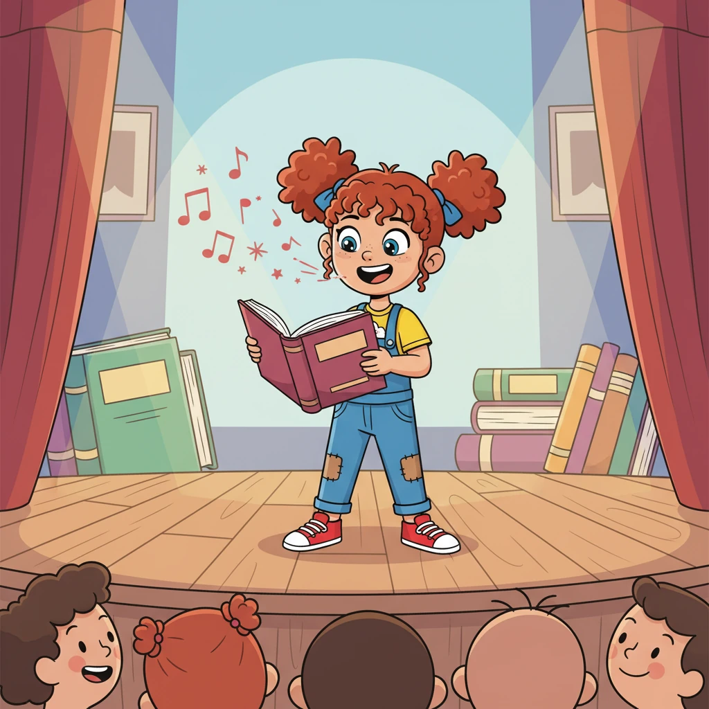 On the day of the contest, Lily stood on stage, her heart pounding, but she took a deep breath and began to read. Her voice, once hesitant, now resonated with the characters' emotions, captivating the audience.