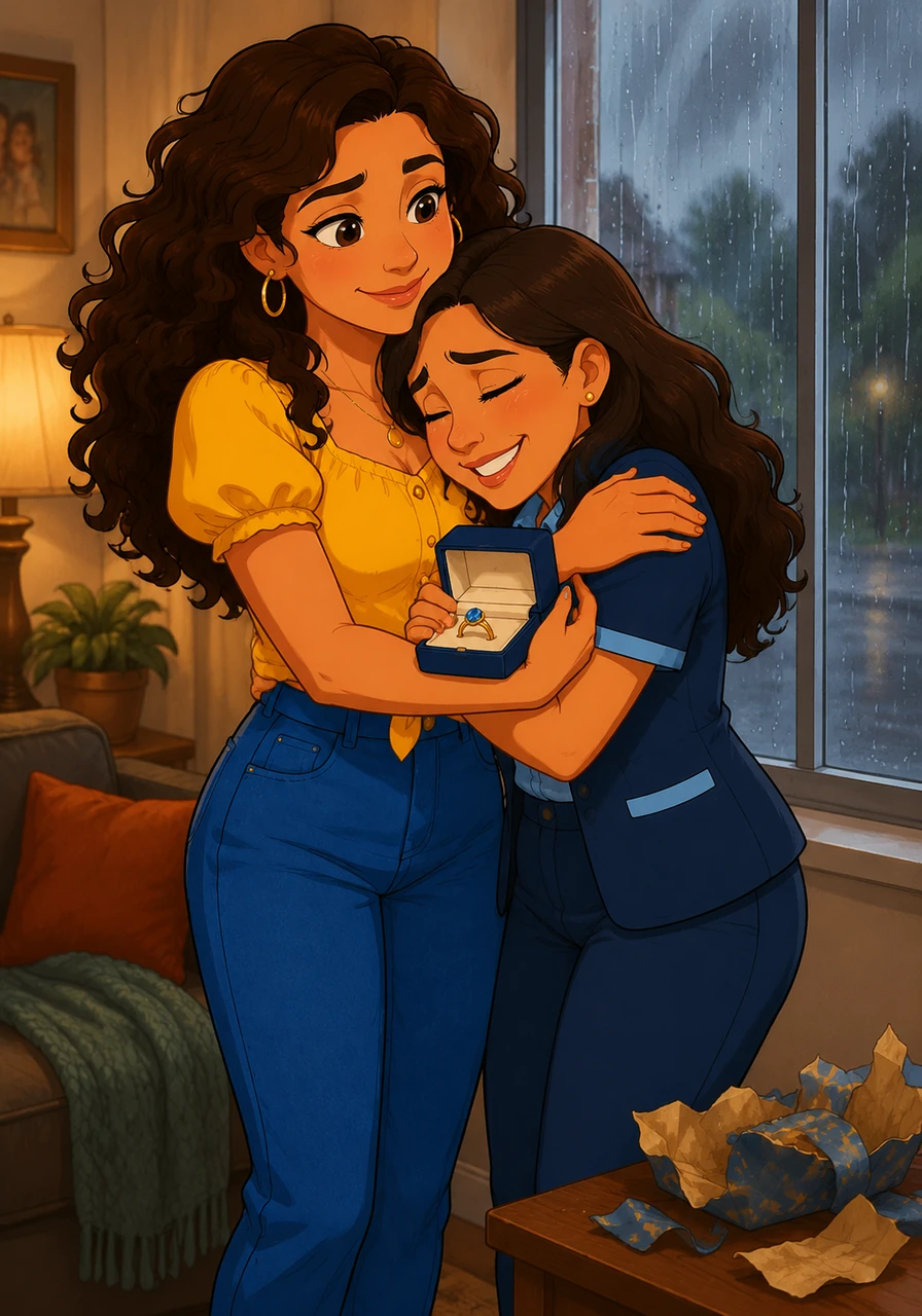 One rainy afternoon, Nieves surprised Carla with a beautifully wrapped gift—a replica of a famous lapis lazuli daylight ring from her favorite vampire show. Overwhelmed by Nieves's kindness and attentiveness, Carla hugged her tightly, realizing she had found not just a mentor, but a true guardian angel in this new chapter of her life.