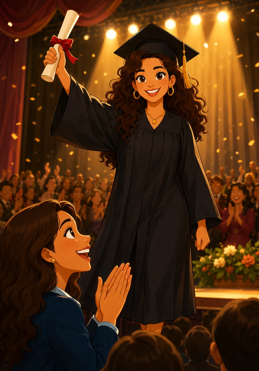 As the first summer came to an end, Carla stood on the university stage under glittering lights, proudly holding her graduation diploma with top honors. Nieves cheered the loudest from the front row, watching the resilient and radiant young woman transform her challenges into absolute triumph.