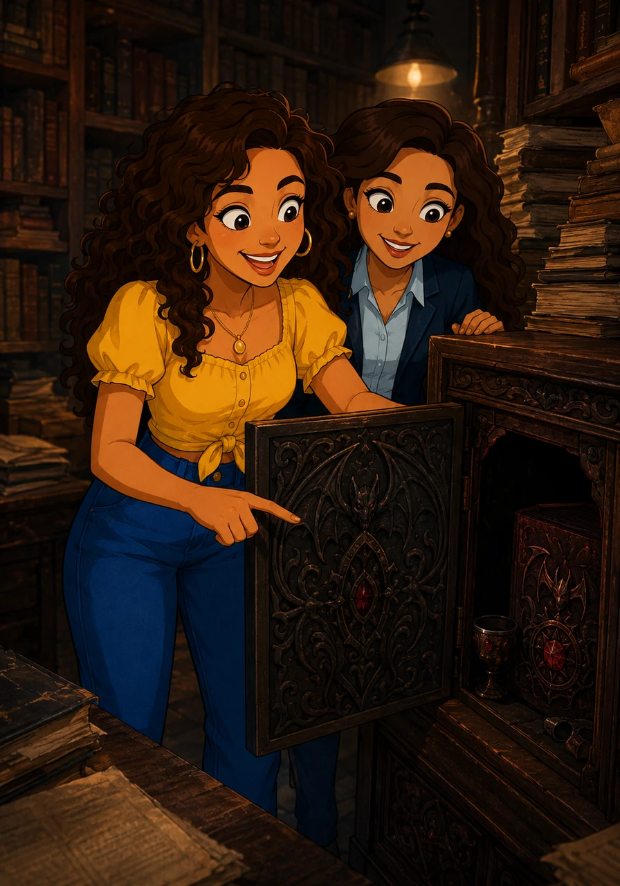 Late one evening, while organizing the deepest rows of the historical archive, Carla and Nieves discovered a hidden compartment in an antique cabinet that looked exactly like a relic from a vampire coven. They giggled like conspirators, their shared love for the supernatural making the ordinary night feel entirely extraordinary.