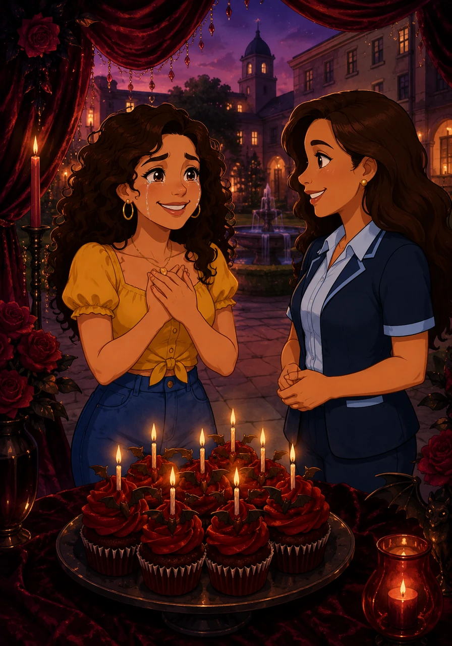 To celebrate Carla's milestone twentieth birthday, Nieves organized a surprise twilight gathering in the hospital's hidden courtyard, complete with velvet decorations and crimson velvet cupcakes fitting for a vampire-themed celebration. As the candles flickered, Carla looked at Nieves with tears of pure happiness, feeling profoundly loved and understood.