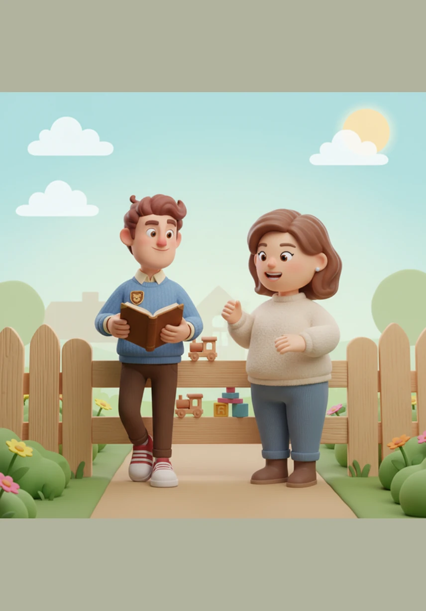 Arthur leans over his garden fence, sharing a warm morning greeting with his neighbor, Mrs. Gable. They talk about the blooming sunflowers and the clear blue sky, starting the day with smiles and gentle laughter.