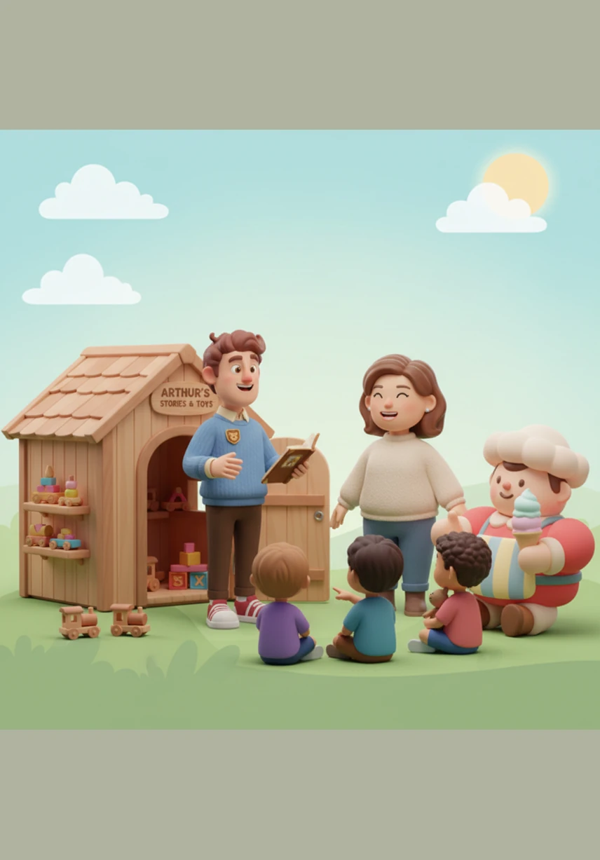 Arthur walks to his small wooden shed to retrieve his trusty vintage bicycle. He carefully checks the tires and polishes the silver handlebars until they gleam brightly in the morning sun.