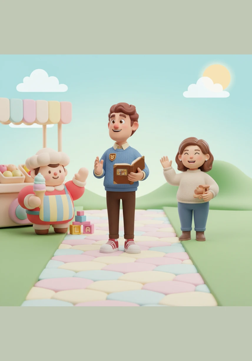 With a gentle push, Arthur begins his journey down the winding cobblestone path that leads toward the town center. The wind whistles through his hair as he pedals past green meadows filled with chirping birds.