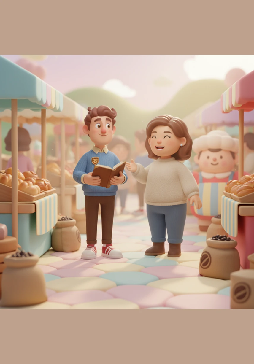 The quiet path opens up into a vibrant marketplace filled with colorful stalls and the hum of a busy crowd. Arthur slows his pace, taking in the rich aromas of fresh bread and roasted coffee beans.