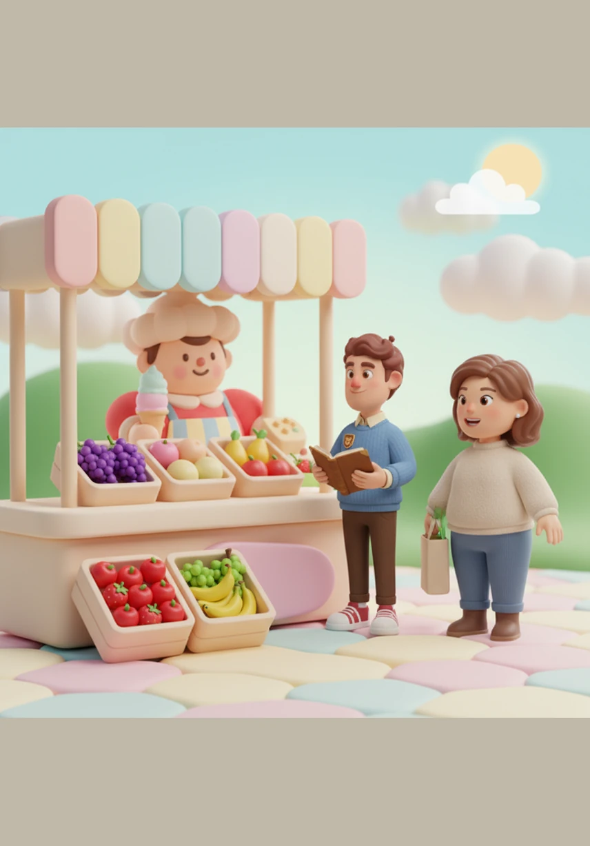He stops at a fruit stand where he engages in a lively conversation with the vendor about the season's best apples. They swap stories about local harvests while Arthur picks out the brightest red fruit for his basket.