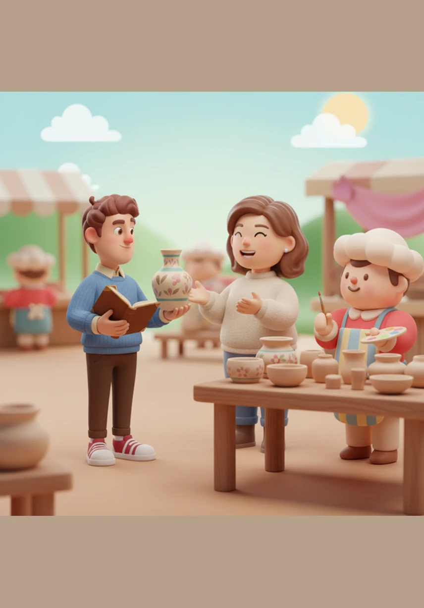 While browsing the various stalls, Arthur discovers a beautiful hand-painted vase that catches his eye. He speaks with the artisan, learning about the traditional techniques used to create such a delicate and unique piece.