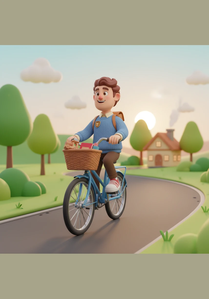 As the sun begins to set, casting a golden glow over the landscape, Arthur pedals back toward his home. The long shadows dance across the road as he enjoys the peaceful ride through the cooling evening air.