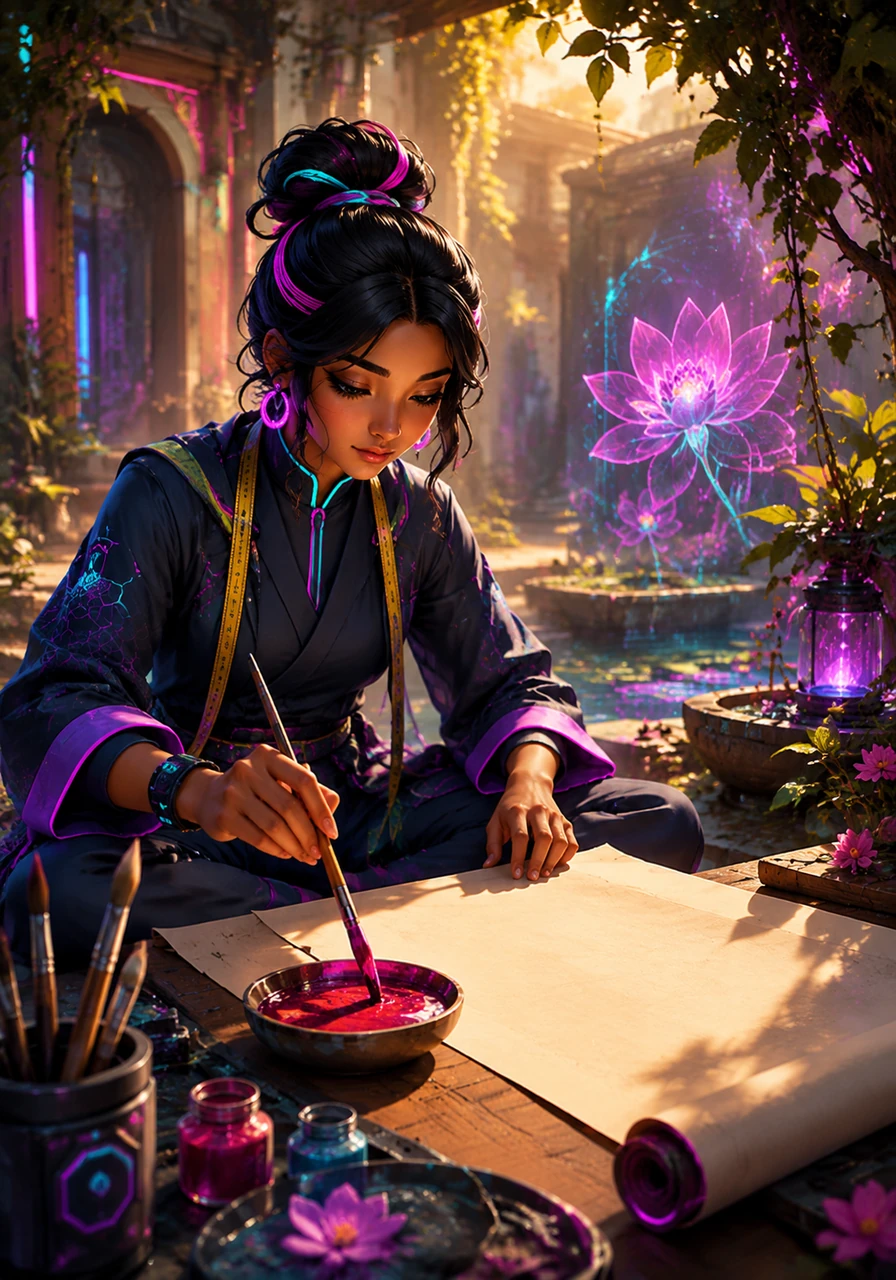 Anaya sits in a quiet, sun-drenched courtyard, her mind filled with visions of a flower that has never before been seen. She dips her finest brush into a pool of garnet rose pigment, ready to bring the first petal to life on a clean sheet of soft parchment.