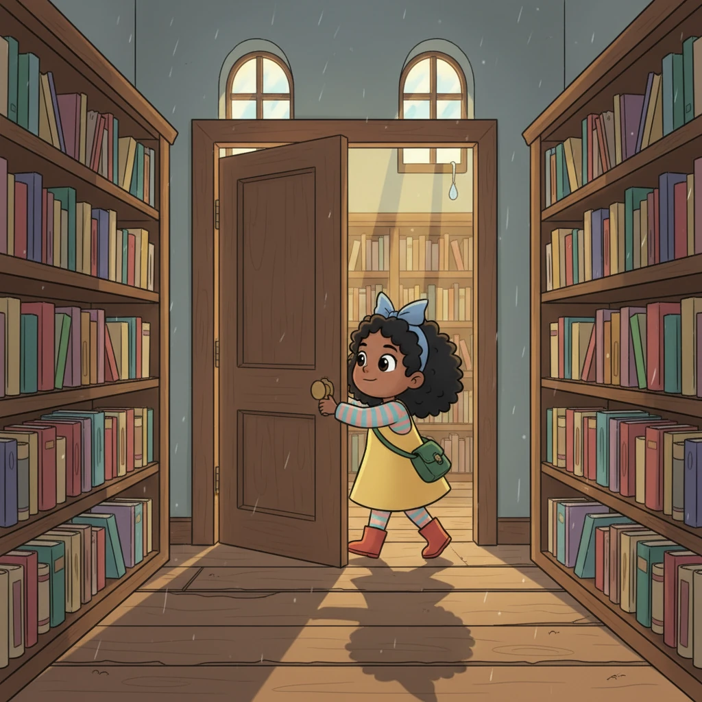 Pushing open the heavy wooden door, Lily stepped inside, the scent of old paper and dust tickling her nose. Sunlight, despite the rain, seemed to find its way through the highest windows, casting warm, dappled patterns on the worn wooden floor. Towering shelves, crammed with books of every size and color, loomed around her like silent giants. A hush filled the air, broken only by the soft drip of rain outside and the gentle creak of the floorboards beneath her sneakers, making the library feel like a secret waiting to unfold.