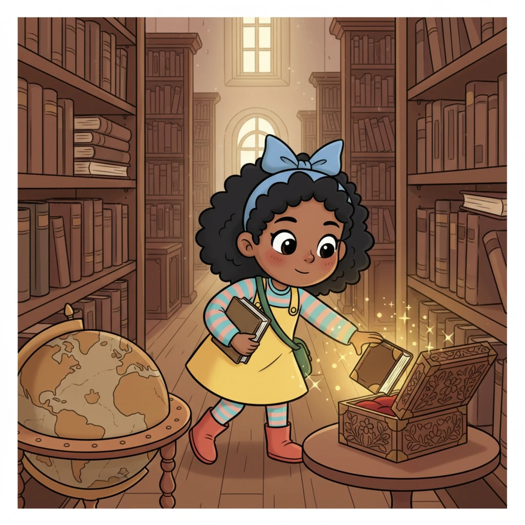 As Lily wandered deeper, her fingers trailing along dusty spines, she noticed a faint, shimmering glow coming from a shadowed corner. Her heart thumped with excitement as she carefully navigated around a grand, ancient globe. Tucked away behind it, she found a small, intricately carved wooden box. Inside, nestled on velvet, was a single, leather-bound book with no title, its pages softly glowing with a warm, inviting light. A tiny, mischievous sparkle danced within its covers, promising adventures beyond imagination.