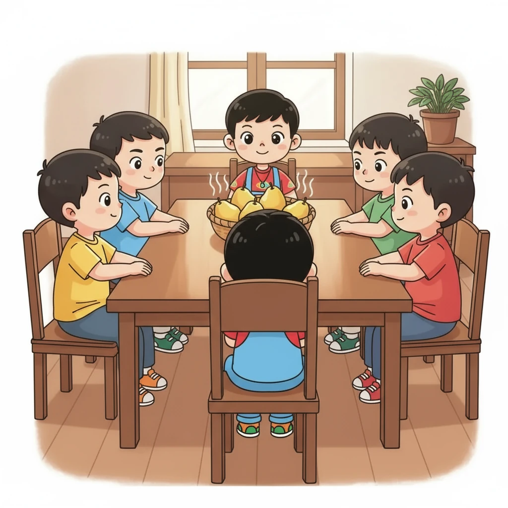 小荣和他的五个哥哥聚集在桌子旁。篮子里放着六个完美的金梨——每个孩子一个。它们闻起来很香，看起来很好吃！ 孩子们围着桌子，脸上充满了期待的表情。