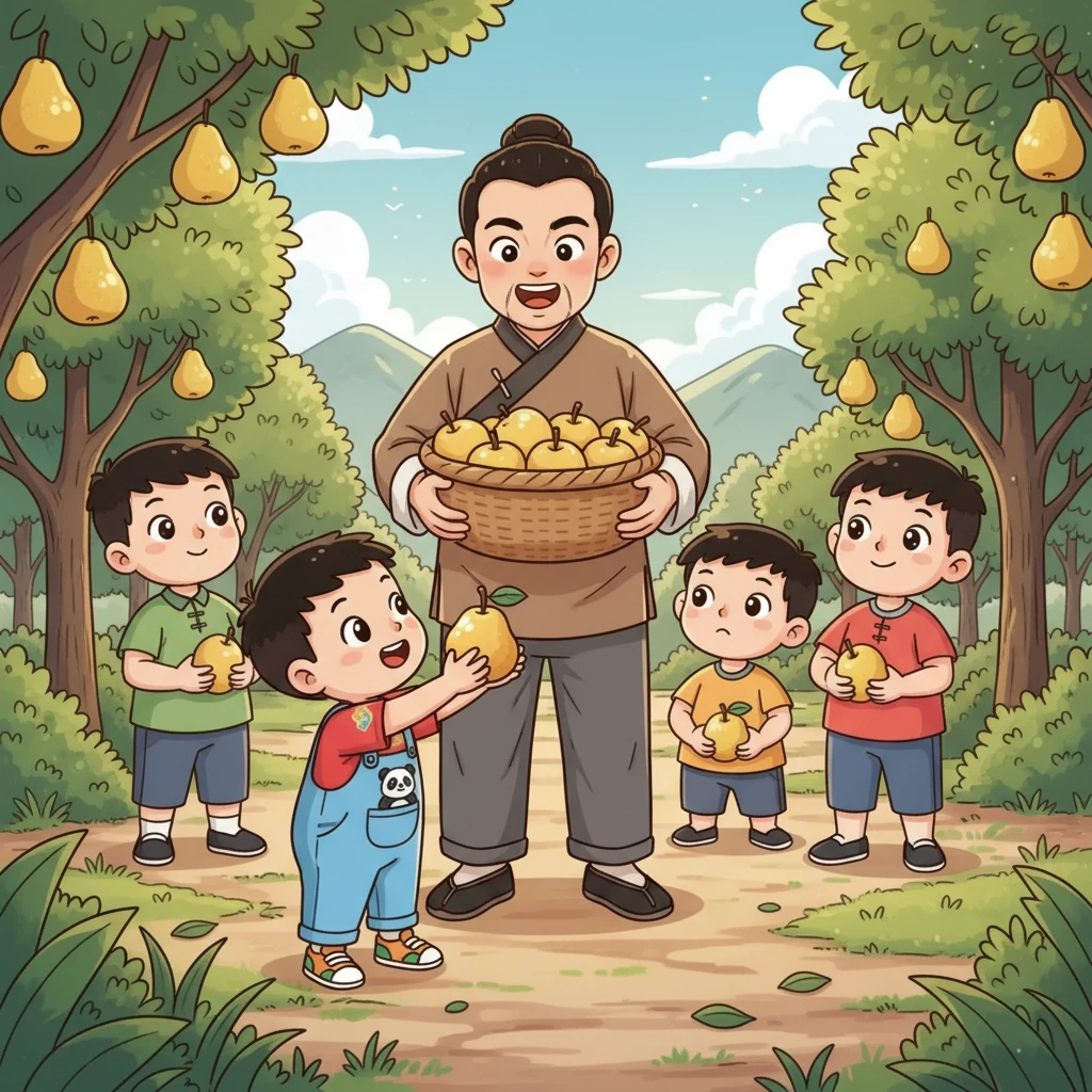 “孩子们，选你们的梨吧！” 父亲说。 大哥先伸出手，拿走了最大、最闪亮的梨。 其他的哥哥们也跟着，每个人都挑了一个不错的梨。 小荣站在最后，静静地等待着轮到他。