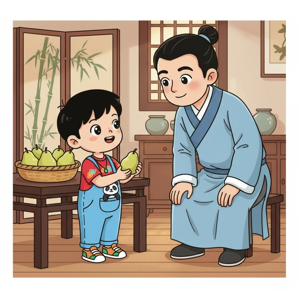 父亲问道：“小荣，你为什么对最小的梨这么高兴？ 你不想像你的哥哥们一样要一个更大的吗？” 父亲弯下腰，用温柔的目光注视着小荣。