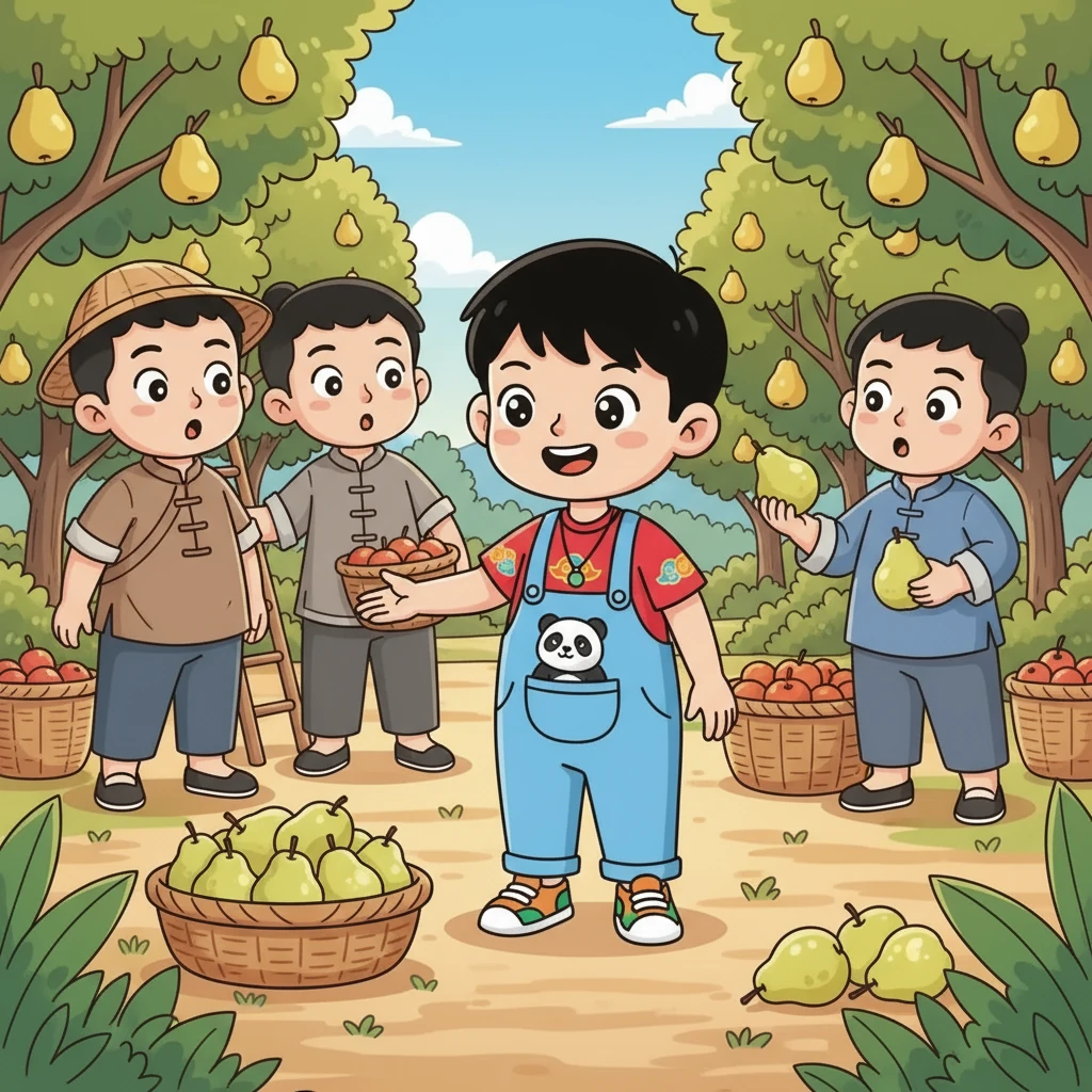 小荣笑着说：“我是家里最小的，也最年轻。 那些更大的梨应该给我的哥哥们，他们工作更努力，需要更多的能量！” 哥哥们都停下了手中的动作，惊讶地看着小荣。