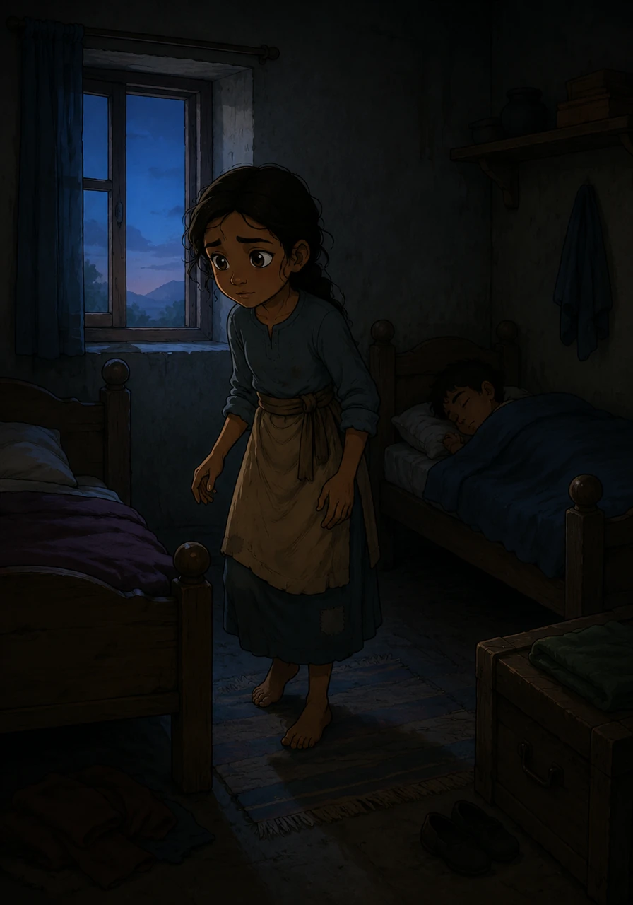 Before the sun rises, Amina quietly wakes in the dim room she shares with her brother. She moves carefully to avoid waking him, her small frame silhouetted against the pale light of dawn as she prepares for the day.