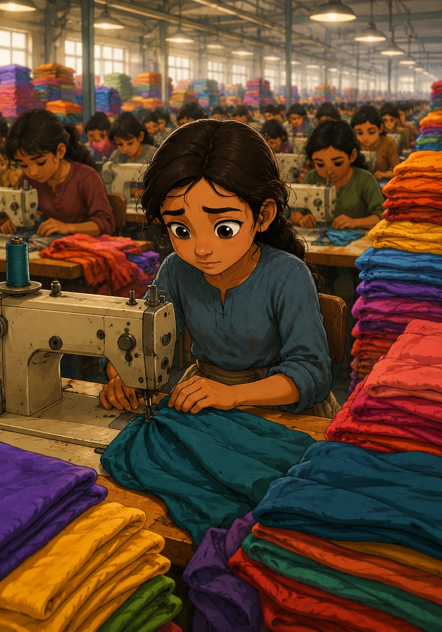 Inside the factory, the deafening roar of sewing machines fills the air, drowning out every other sound. Amina takes her place in a long row of workers, surrounded by piles of colorful fabric that feel heavier than they look.