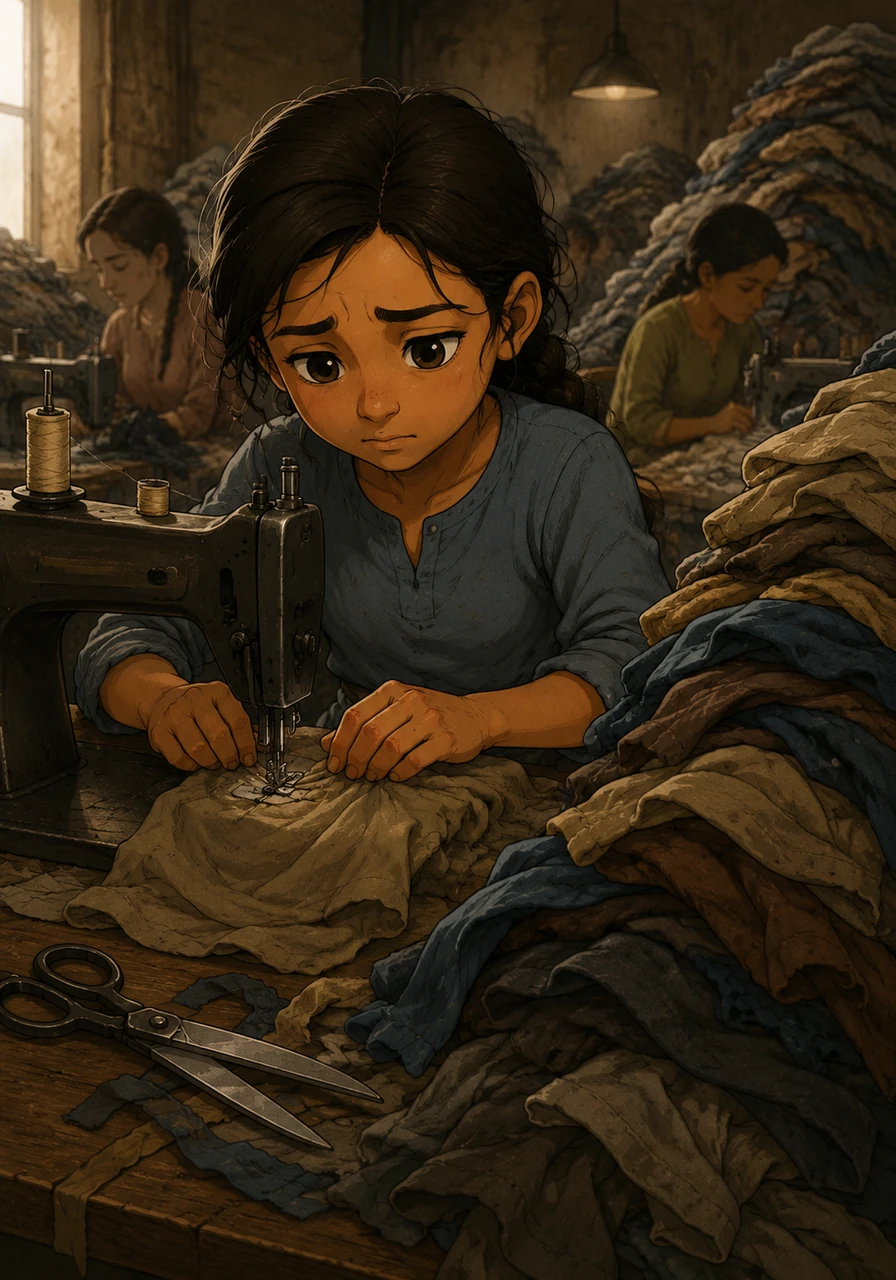 Her hands move with a practiced, mechanical rhythm: stitch, cut, fold, and repeat. Each movement is precise, but her fingers begin to ache as the hours stretch on and the endless fabric seems to mock her with its weight.