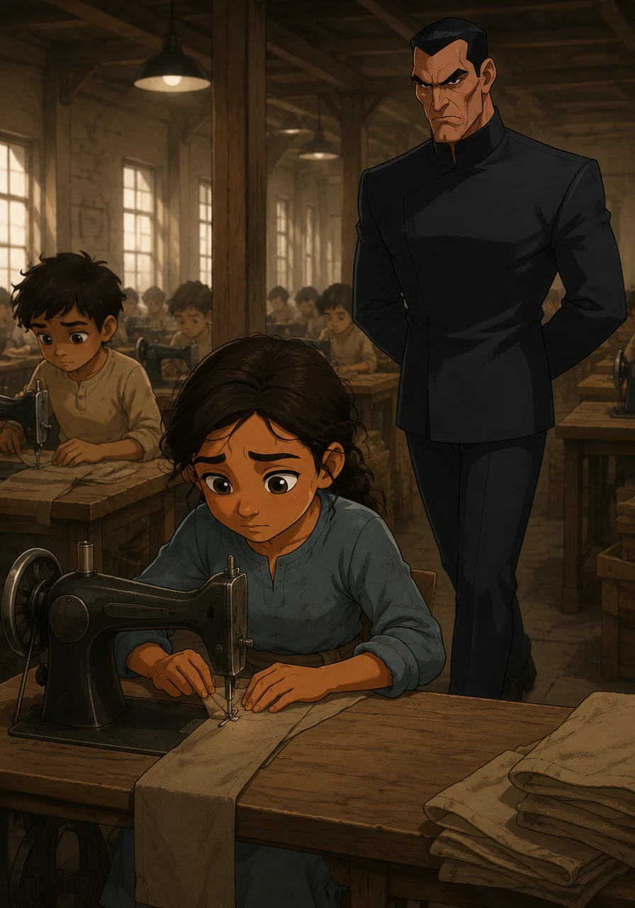 The supervisor's shadow looms over Amina as he paces the rows, his presence a constant reminder to work faster. She keeps her head down, focusing all her energy on the needle to avoid any mistakes that would result in a loss of pay.