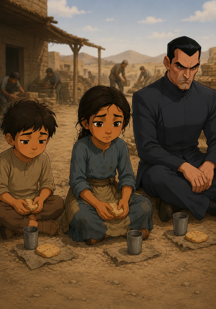 During the brief midday break, Amina sits in silence with her coworkers, eating a simple meal of bread and water. No one speaks, as every ounce of energy must be saved for the long afternoon of labor ahead.
