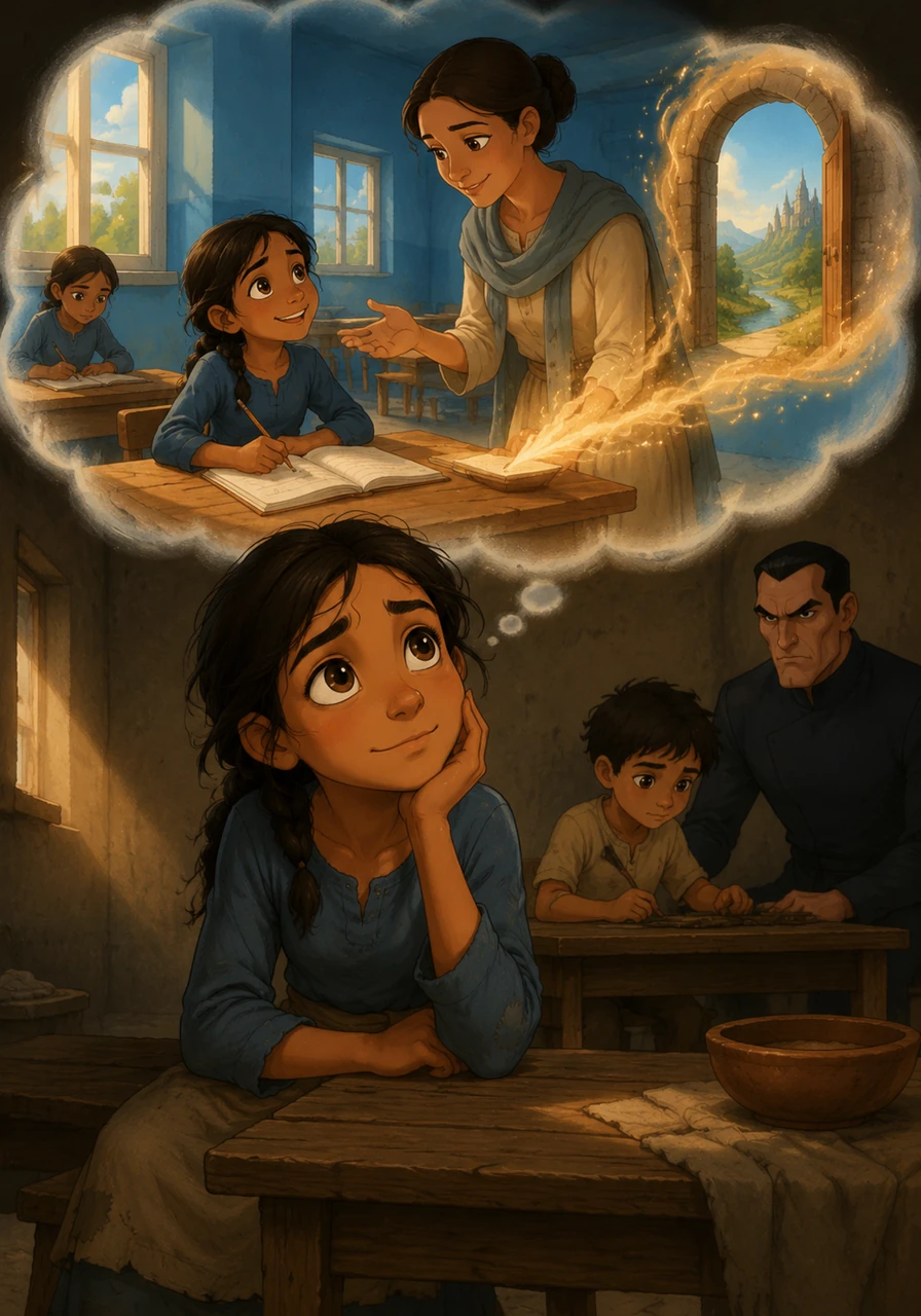 In a quiet moment of daydreaming, Amina remembers the bright blue walls of her old classroom and the warmth of her teacher’s voice. She misses the feeling of a pencil in her hand and the magic of letters turning into stories that felt like keys to another world.