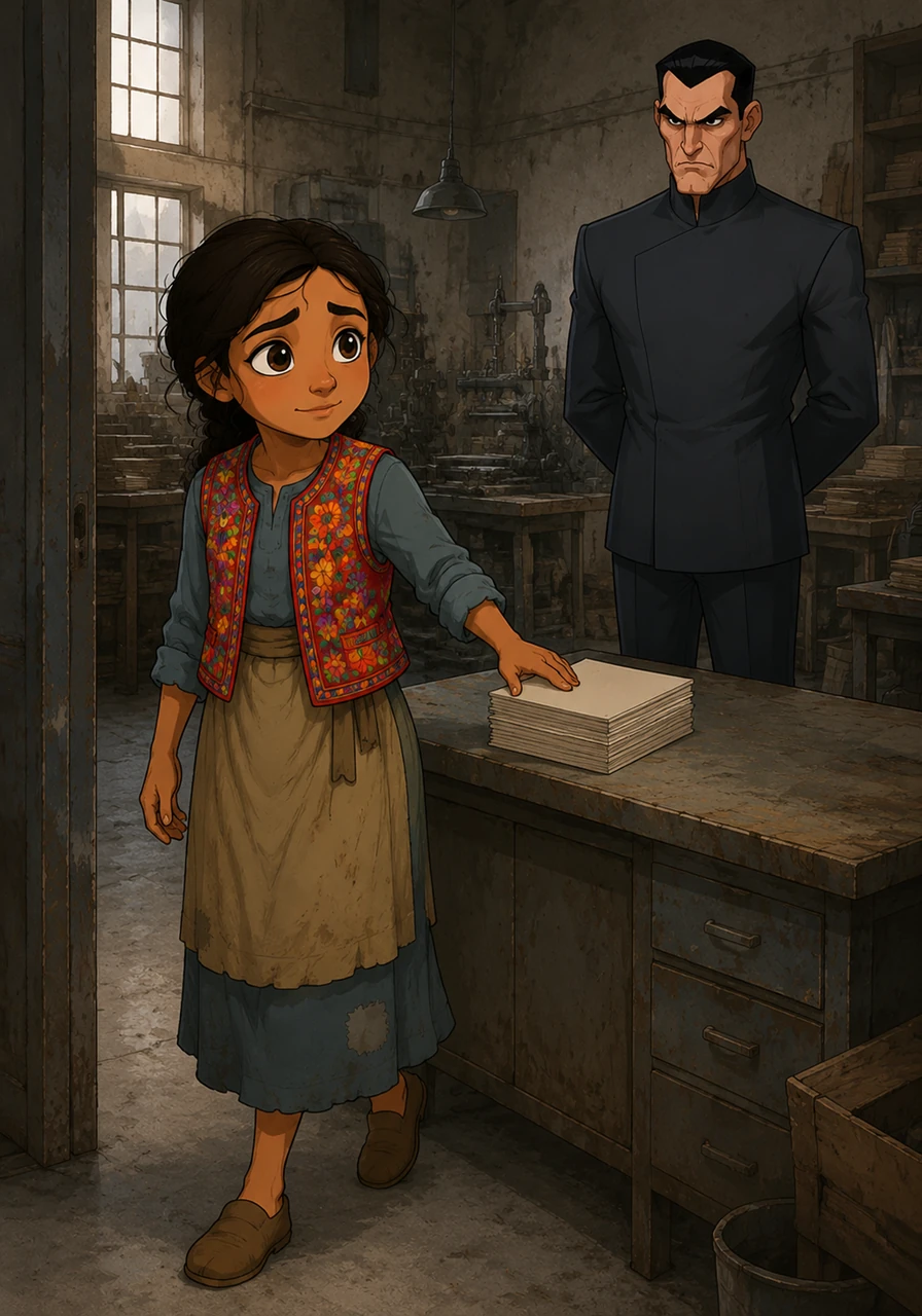 A woman wearing a bright vest enters the workshop, her presence bringing a sudden burst of color to the grey, dusty room. She speaks softly to the supervisor and leaves a stack of pamphlets on a desk before departing under his watchful eye.