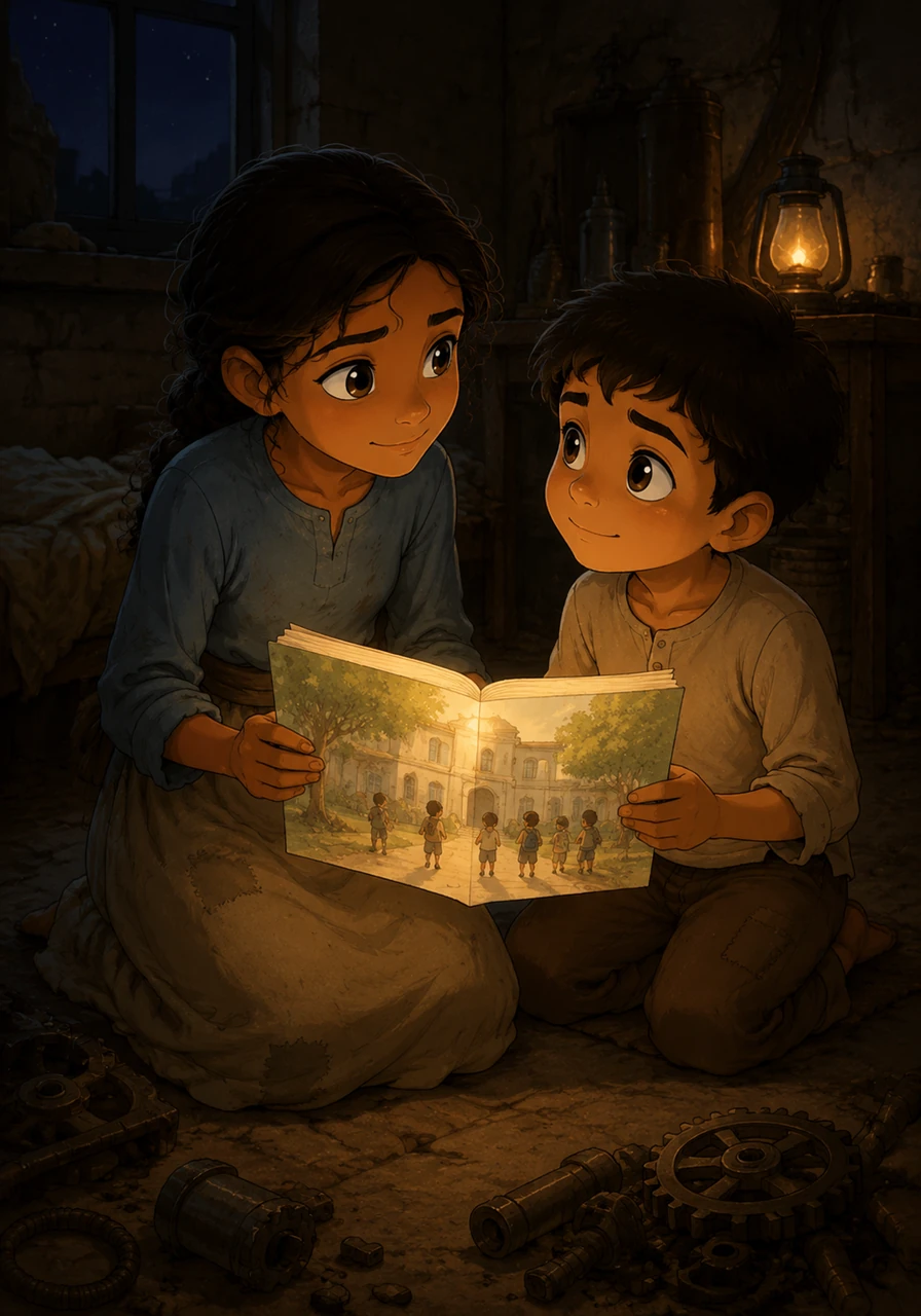 Under the cover of darkness that night, Amina shares a hidden pamphlet with her brother, showing him the picture of a school filled with light. Their eyes meet in the dim room, a shared spark of wonder passing between them as they imagine a life beyond the machines.