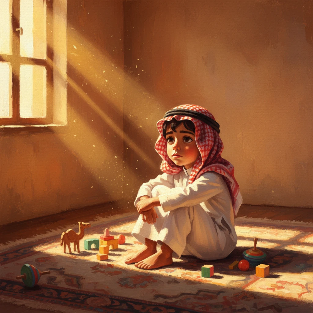 كان سلطان يجلس وحيدًا في غرفته، يحدق في الفراغ بملل شديد. أشعة الشمس الذهبية تتسلل عبر النافذة، لكنها لم تكن كافية لتبديد سحابة الضجر التي خيمت عليه. كانت الألعاب مبعثرة حوله، لكن لم يعد يجد فيها أي متعة.