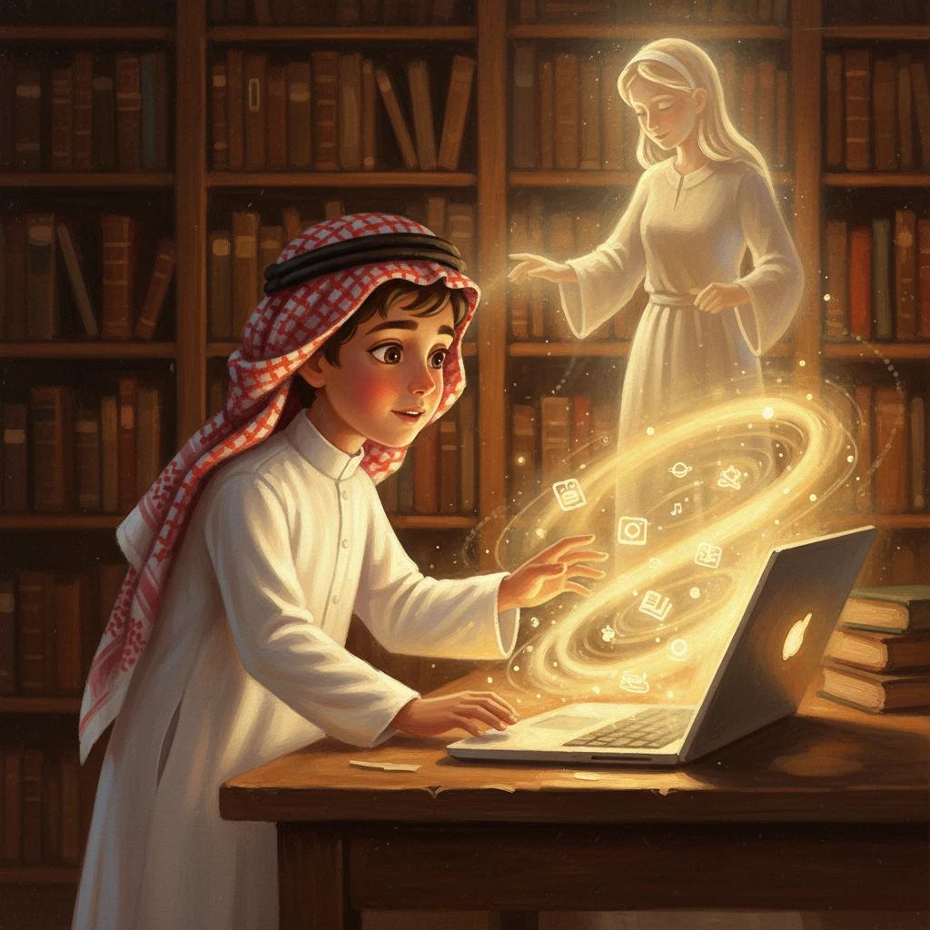 استرجع سلطان في ذهنه نصائح معلمته عن المواقع الإلكترونية الآمنة والمفيدة التي يمكن للأطفال استكشافها. كانت كلماتها كالنور الذي يرشده، واعدة إياه بعوالم جديدة من المعرفة والمرح. شعر ببعض التردد، لكن الفضول كان أقوى.