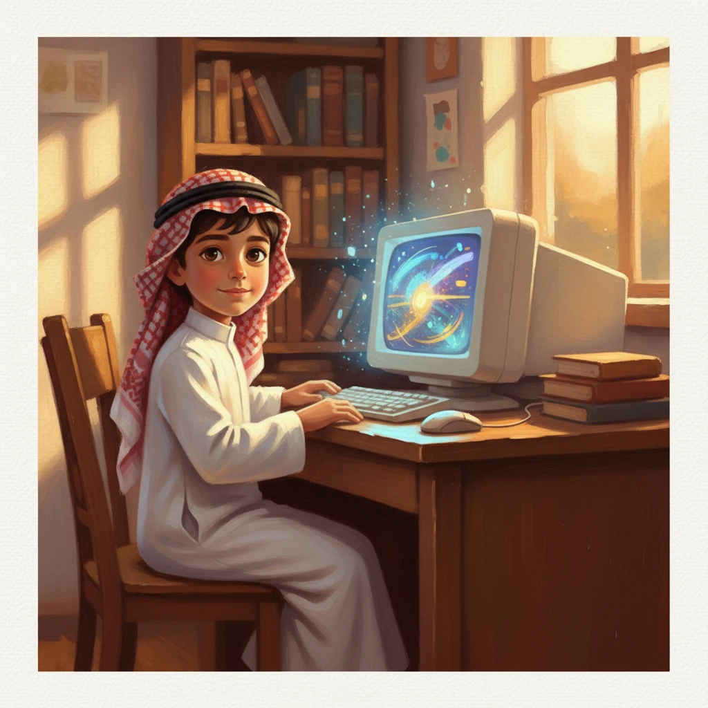 بخطوات واثقة، اتجه سلطان نحو مكتب الدراسة حيث كان الحاسوب بانتظاره. كان الجهاز يبدو وكأنه صندوق سحري يحمل في طياته عوالم لا نهاية لها. جلس بهدوء، مستعدًا لرحلته الرقمية الأولى نحو المعرفة.